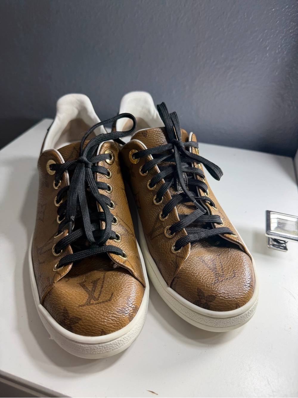 Louis Vuitton Brown Monogram Low-Top Sneakers with Black Laces